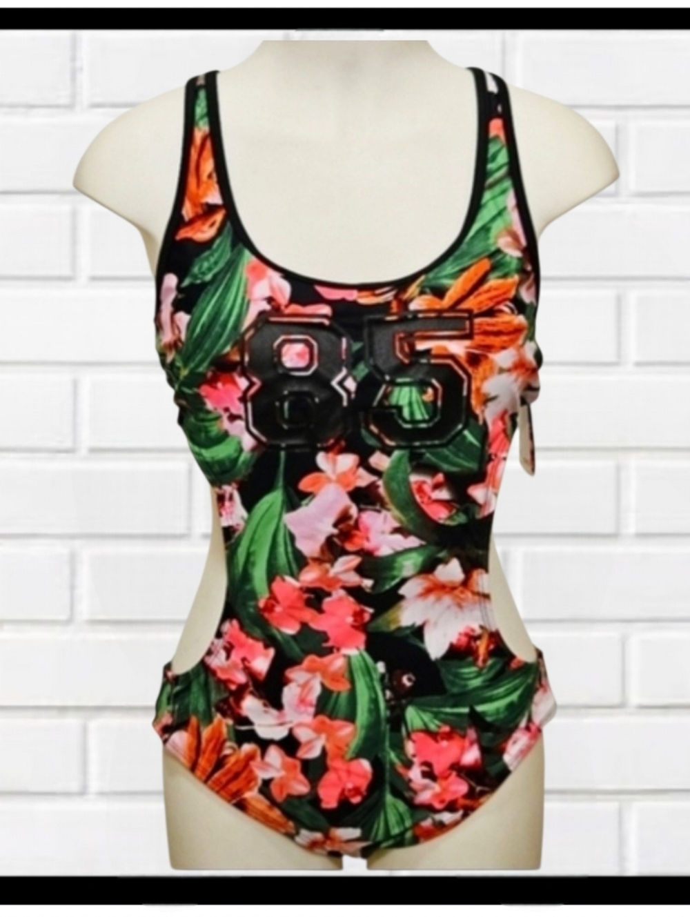 BONGO Floral Cutout Swimsuit - Black, Pink, Green, Orange Sz Large NWT